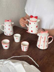 1 Set 1 Tetera 4 Tazas Juego de Té de Cerámica Resistente al Calor, Estilo Coreano Ins Lindo Pintado a Mano con Lazo | Juego de Té de Cereza, Adecuado para Tetera de Té de Flores, Hervidor de Agua de Té, Tetera de Infusión de Té, Juego de Preparación de Té, Reuniones de Fiesta, Todas las Estaciones - Multicolor - Ver 12