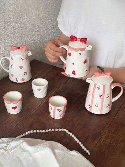 1 Set 1 Tetera 4 Tazas Juego de Té de Cerámica Resistente al Calor, Estilo Coreano Ins Lindo Pintado a Mano con Lazo | Juego de Té de Cereza, Adecuado para Tetera de Té de Flores, Hervidor de Agua de Té, Tetera de Infusión de Té, Juego de Preparación de Té, Reuniones de Fiesta, Todas las Estaciones