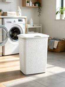 Plastic Rattan Laundry Hamper With Lid, Large‑Capacity Breathable Dirty Clothes Basket With Sturdy Handles & Dust‑Proof Cover, For Bathroom, Laundry Room, Bedroom & Closet, Perfect For Family And Dorm Students To Store Garments, Towels & Linens - Multicolor - View 2