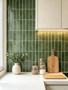 Self-Adhesive Anti-Splash Wall Tile, 12*12 Inch Green Marble Strip Self-Adhesive Wall Tile, Glossy Waterproof Oil-Resistant Removable Mosaic Tile Sticker, 2D Textured Decorative Wall Sticker, Suitable For Kitchen, Bathroom, RV, Laundry Room Wall Decoration - Dark Green Large Size - View 4