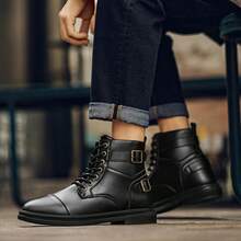 Men's High Gloss Pure Black Thick Sole Height Increasing Boots, Oxford Boots And Dress Boots - Black - View 3