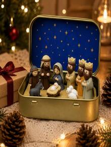 1 Set - Christmas Nativity Scene Set In Tin Box, Christmas Nativity Scene Set, Jesus Statue, Suitable For Holy Family, Statue Tin Box Set, Handmade Small Nativity Scene Set, Holiday Decoration, Gift For Friends, Nativity Scene Set - one-size - View 9