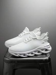 Men's White Knit Mesh Lace-Up Sneakers, Cable Knit Texture Thick Sole Invisible Height Increase, Youth Street Style Versatile Casual Running Shoes - White - View 6