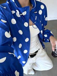 Women Jackets - Blue With White Polka Dots - View 6