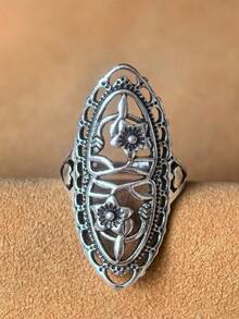 1pc Vintage Hollow Carved Gold-Tone Long Ring, 4 Color Options - Ancient Bronze - View 2
