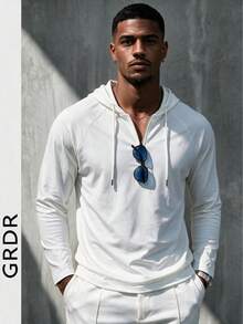 GRDR Men's Hooded Slim Fit Regular Shoulder Long Sleeve T-Shirt - White - View 4