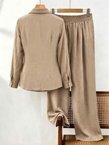 Women's Elegant Shirt + Pants 2 Pieces Set With Elastic Waist And Gathered Waist, Suitable For Daily Commute And Holiday Wear - Khaki - View 7