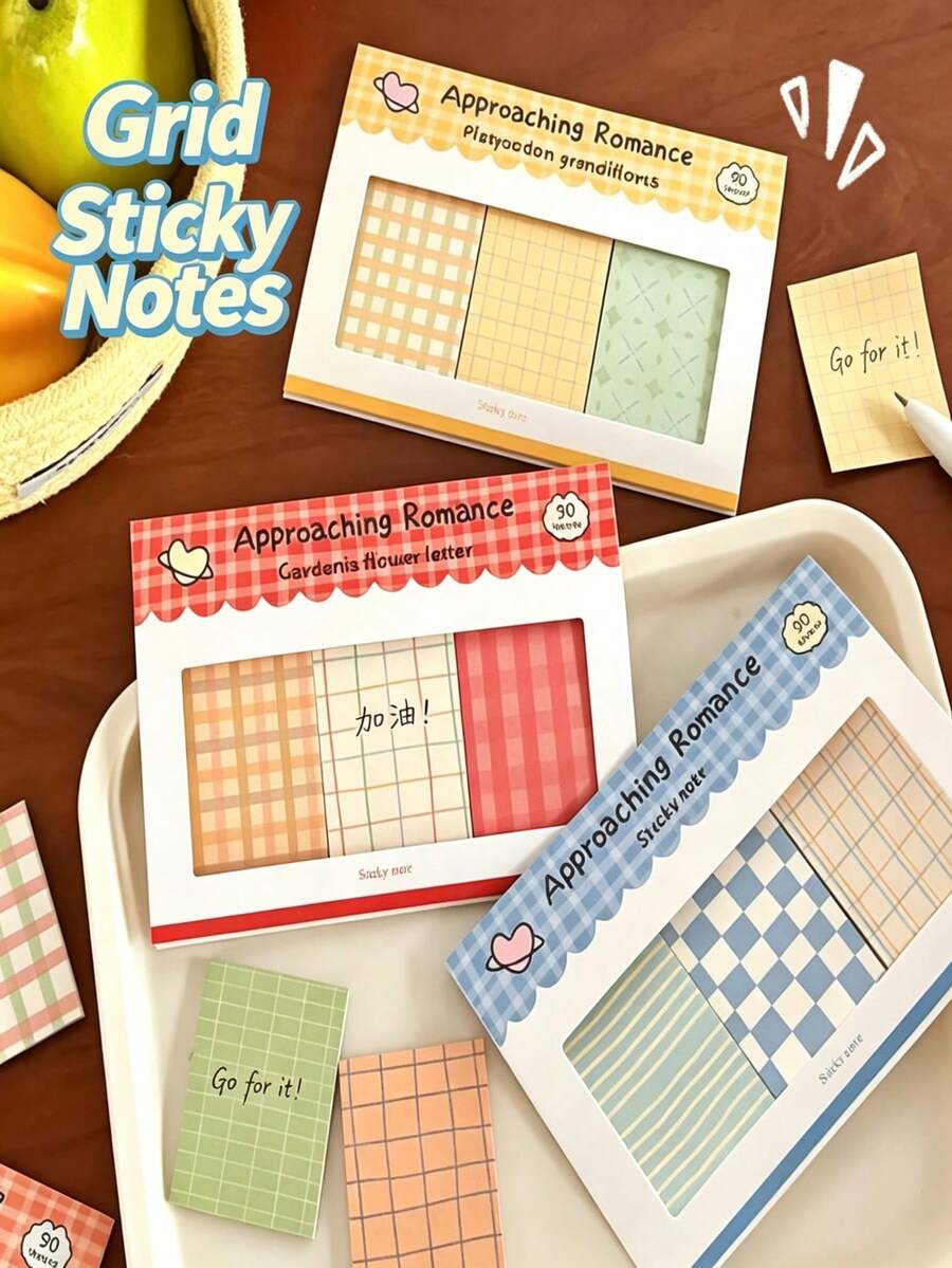 Bộ 3 tờ ghi chú dán phối kẻ caro mới, dòng Romantic, dùng trang trí sổ planner, giấy memo cơ bản
