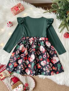 Young Girls Christmas Girls' Holiday Style Contrast Color Ruffle 2 In 1 Pinafore Dress, Autumn/Winter Long Sleeve Cute Bow Decor Round Neck Christmas Tree Santa Claus Gift Box Bow Candy Cane Bell Print A-Line Dress - Dark Green - View 4