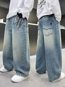 Tween Boy Fashion Back Pocket Floral Insert Denim Jeans - Medium Wash - View 5