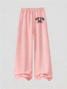 Girls And Teens Pink Crew Neck Sweatshirt With Creative Letter Combination Print Paired With Pink Wide Leg Pants, Fashionable And Versatile, Minimalist Yet Stylish Design Makes It An Ideal Choice For Casual Everyday Wear, Especially Suitable For Autumn And Winter - Pink - View 7