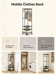 Mobile Garment Rack With Wheels, Multi‑Functional Metal Clothes Stand With Top Hooks & 3‑Tier Storage Shelves, Freestanding Clothing Organizer For Bedroom Entryway - View 7