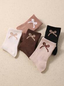 12/6 Pairs Random Leopard Print Bow Mid-Calf Socks, Elastic Socks, Brown Tone, Neutral Color, Girls Halloween Back To School Autumn Socks - Multicolor - View 9