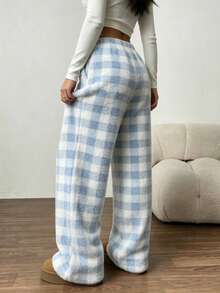 Women's Plaid Pattern Wool Sweater Straight Leg Casual Pants Comfortable Long Pants Autumn/Winter Fluffy Pajama Pants With Pockets Design - Baby Blue - View 7