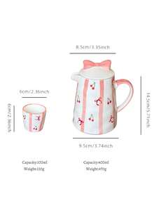 1 Set 1 Tetera 4 Tazas Juego de Té de Cerámica Resistente al Calor, Estilo Coreano Ins Lindo Pintado a Mano con Lazo | Juego de Té de Cereza, Adecuado para Tetera de Té de Flores, Hervidor de Agua de Té, Tetera de Infusión de Té, Juego de Preparación de Té, Reuniones de Fiesta, Todas las Estaciones - Multicolor - Ver 11