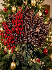 50pcs/40pcs Pine Cone & Red Berry Decor | Realistic Plastic Branch Christmas Tree Decoration | Winter Wedding & Wreath Centerpiece Decor | Durable Pine Cone & Red Berry Decoration | Holiday Berry Wreath Accessory - Multicolor - View 1