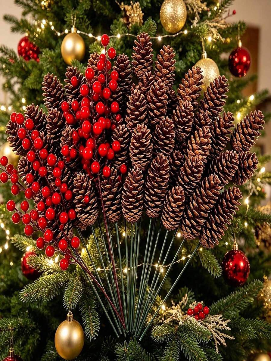 50pcs/40pcs Pine Cone & Red Berry Decor | Realistic Plastic Branch Christmas Tree Decoration | Winter Wedding & Wreath Centerpiece Decor | Durable Pine Cone & Red Berry Decoration | Holiday Berry Wreath Accessory - Multicolor - View 1