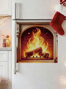Simulation Firewood Fireplace Wall Sticker, Removable Self-Adhesive PVC Waterproof Sticker, Christmas Winter Atmosphere Decoration, Vintage Brick Flame Pattern, Home Makeover Sticker For Living Room, Fridge, Oven And More - Wall Stickers - View 5