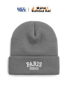 1件裝 男士 PARIS FRENCH 刺繡秋冬針織毛帽，時尚中性 Y2K 無邊帽，防風保暖戶外帽 - A - 查看 17