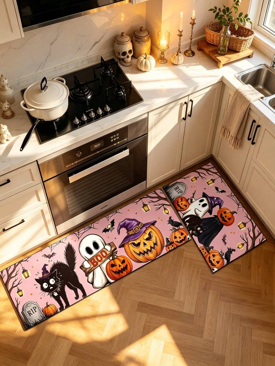 1/2pcs Halloween Floor Mat, Ghost Pumpkin Pattern, Vintage Diatomaceous ...