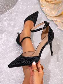 Women Pointed Toe D'Orsay High Heel Pumps, Black Embossed Flocked Ankle Strap Stiletto Heels, Formal Party Dress Shoes - Black - View 3