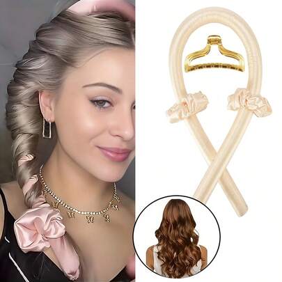 Mcbki 1pc Khaki Heatless Curling Rod, Reusable Heatless Hair Curler Headband, Ribbon Curling Rod With Hair Claw Clip, Slouchy Natural Soft Wave DIY Hair Curler, Overnight Sleep Styling Tool, Ribbon Curling Rod