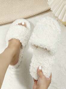 Women's White Plush Indoor Slippers, Comfortable Warm Open Toe Slide, Soft Fluffy Bedroom Shoes, Thick Sole Non-Slip - White - View 1