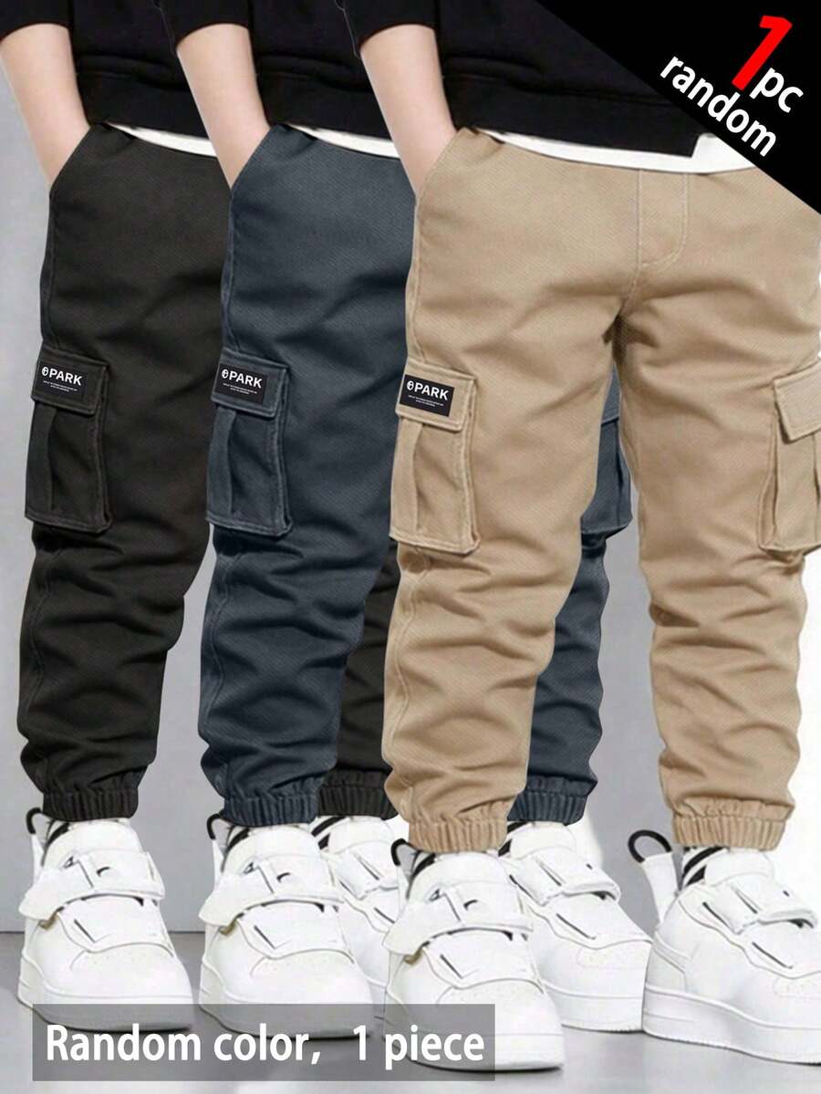 [1pc Random]1pc Boys' Cargo Jogger Pants With Elastic Waist, Suitable For Sports, Outdoor, Running, Casual Wear - Khaki - View 1
