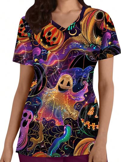 [Halloween] Plus Size - Plus Size - Women's Halloween Nurse Costume Tunic - V-Neck Pocket Scrub Top, Short Sleeve Nursing Top, Suitable For Nurse Hall