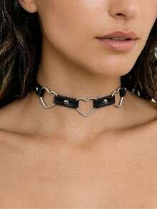 1pc Women's Black Silver Buckle Sweet Cool Hollow Heart Leather Choker Necklace, Suitable For Parties - Black - View 2
