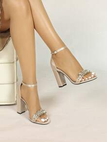 Women's Fashion New Comfortable Rhinestone Buckle Vacation Bare Strap High Heel Roman Chunky Heel Party Event Sandals - Apricot - View 2