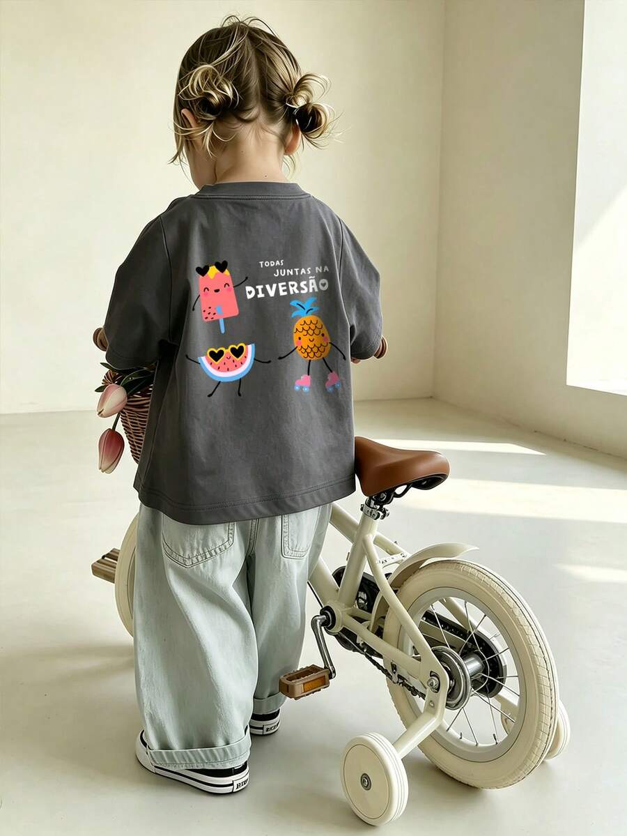 復古女嬰短袖上衣,寬鬆圓領透氣基礎款,嬰兒幼童女童戶外休閒穿著 - 深灰色 - 查看 1