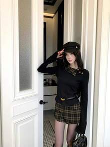 New Women's Winter Knit Long Sleeve Christmas Cosplay Top, Spring/Autumn Simple Elegant Sexy Plaid Patchwork Long Sleeve Knit Sweater - Black - View 6
