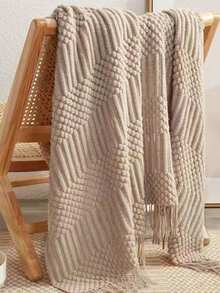 1pc Retro Style Solid Color Knitted Blanket With Tassels, Soft & Warm Sofa Cover, Season Bedspread, Home Decor Accessory For Living Room And Bedroom - Khaki - View 7
