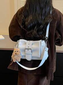 1pc Women's Solid Color PU Leather Shoulder Bag, Commuter Versatile Crossbody Bag, Adjustable Strap - Blue - View 5