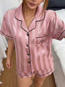 Dreamivo Simple Solid Color Satin Pocket Embroidered Casual Set, Short Sleeve Button-Up Collar Top And Elastic Waist Pants, Women's Loungewear - Pink - View 5