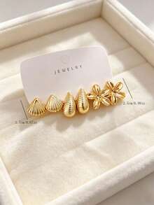 6/18PCS Fashion Gold Metallic Earring Set, Flower Shell Water Drop C-Hoop Geometric Multi-Element Women's Fashion Earring Set, Daily Wear, (Lightweight CCB Material, Non-Fading/No Dropping Sensation) - Gold - View 5
