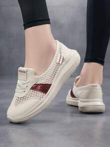 Plus Size Women's Summer Walking Shoes, Colorblock Hollow Mesh Breathable Soft Sole Non-Slip Work Shoes, Slip-On 2-In-1 Casual Shoes - Beige - View 7