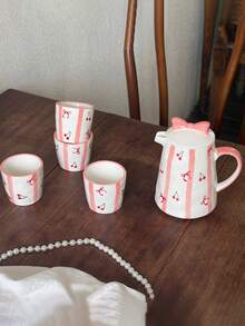 1 Set 1 Tetera 4 Tazas Juego de Té de Cerámica Resistente al Calor, Estilo Coreano Ins Lindo Pintado a Mano con Lazo | Juego de Té de Cereza, Adecuado para Tetera de Té de Flores, Hervidor de Agua de Té, Tetera de Infusión de Té, Juego de Preparación de Té, Reuniones de Fiesta, Todas las Estaciones - Multicolor - Ver 3