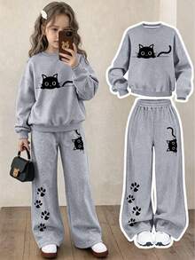 2pcs Set Suitable For Girls Big Tween Girl, Round Neck Sweatshirt With Cute Cat Print + Wide Leg Pants Matching Set, Perfect For Autumn/Winter Daily Wear - Multicolor - View 9