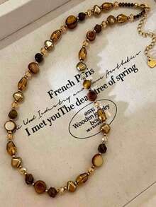 2pcs Vintage Maillard Style Heart-Shaped Tiger Eye Stone Tassel Multi-Layer Necklace, Stackable Minimalist Sweater Chain Accessory For Autumn/Winter Clothing, Suitable For Women's Daily Wear, Can Be Given As A Holiday Gift - Multicolor - View 5