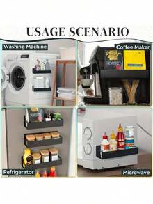 4 piezas Estante magnético para especias de refrigerador, Estante magnético multifuncional sin taladro, Estante de almacenamiento magnético fuerte, Estante de almacenamiento magnético ajustable en altura, Adecuado para lavadora y refrigerador, Accesorios de barra de café de cocina, Estante de almacenamiento práctico - Negro - Ver 6