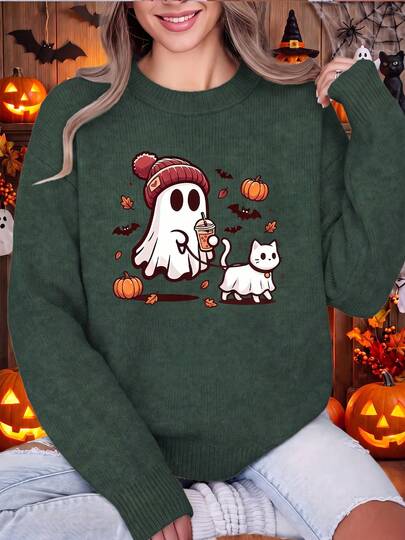 Plus Size Women Cute Cartoon Ghost Walking Cat Print Crew Neck Long Sleeve Faux Sweater, Casual Pullover Top, Autumn/Winter Women's Clothing, Suitable For Halloween Daily Party