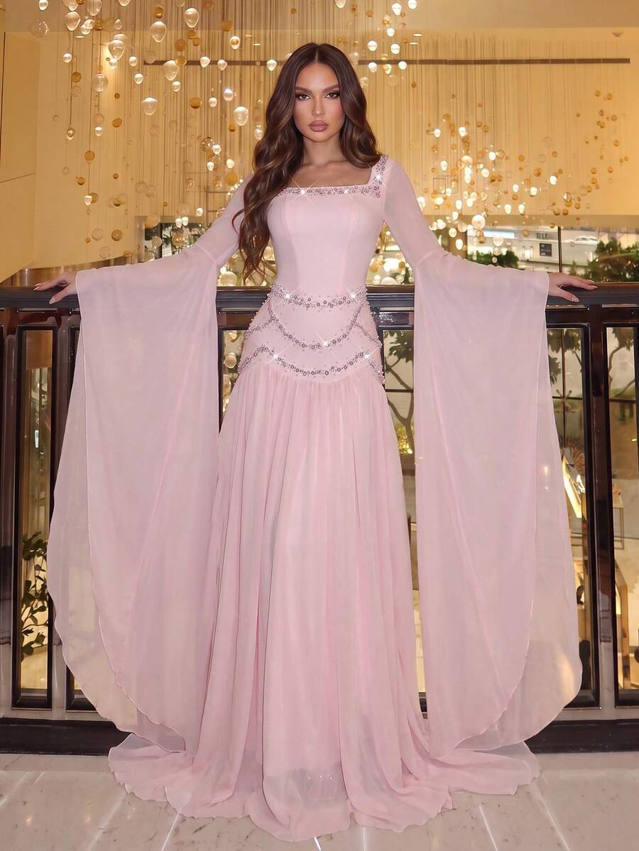 Modphy Elegant Temperament Lotus Sleeves High-End Feel Square Neck Hot Pressed Diamond Nail Bead Design Mesh Splicing, Pleated Edge Dress Party Outfit - Pink - View 1