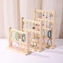 Solid Wood Multi-Layer Jewelry Display Stand, Desktop Earring & Bracelet Storage Rack, Pendant & Accessory Organizer Display Rack, 4-Tier 20-Hook Model - Khaki - View 1