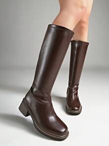 Chunky Heel Square Toe Solid Color Elastic Knee-High Slim Boots Tall Boots - Brown - View 7
