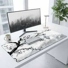 Svart & vit körsbärsblommor bergslandskapsmönster extra lång gamingmusmatta och skrivbordsmatta set, halkfri slitstark gummibotten, slät yta, lämplig för PC, laptop, kontor och hem, abstrakt konstdekor, skolstartstillbehör - A - Visa 3