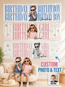 Custom Photo And Name Birthday Banner, Personalized Happy Birthday Party Backdrop, Picture Banner For Girls And Boys, Photo Booth Background For Birthday Celebrations, Custom Party Sign For Kids, Daughters, Sons, Family Gatherings And Friends. - Multicolor - View 2