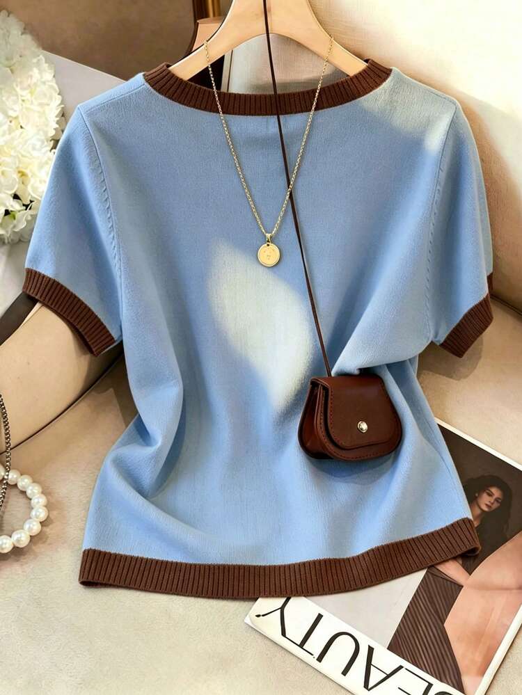 Round Neck Short Sleeve Ice Silk Knit Top, Gentle Style, Minimalist Elegant, Slimming, Soft And Skin-Friendly, Breathable, Classic Round Neck Design, Fresh And Versatile For Spring And Summer, Loose Fit, Suitable For Daily Commute, Casual Outings, Dates, Gatherings, Holidays And More - Blue-brown - View 2