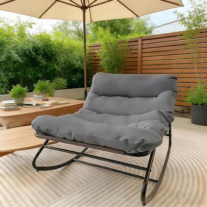 Large Rocking Chair With Plush Cushion, 350 Pound Stable Outdoor Terrace Lounge Chair, Multi-Purpose Indoor And Outdoor Leisure Chair, Garden Lawn, Bedroom, Living Room, Balcony, Gray